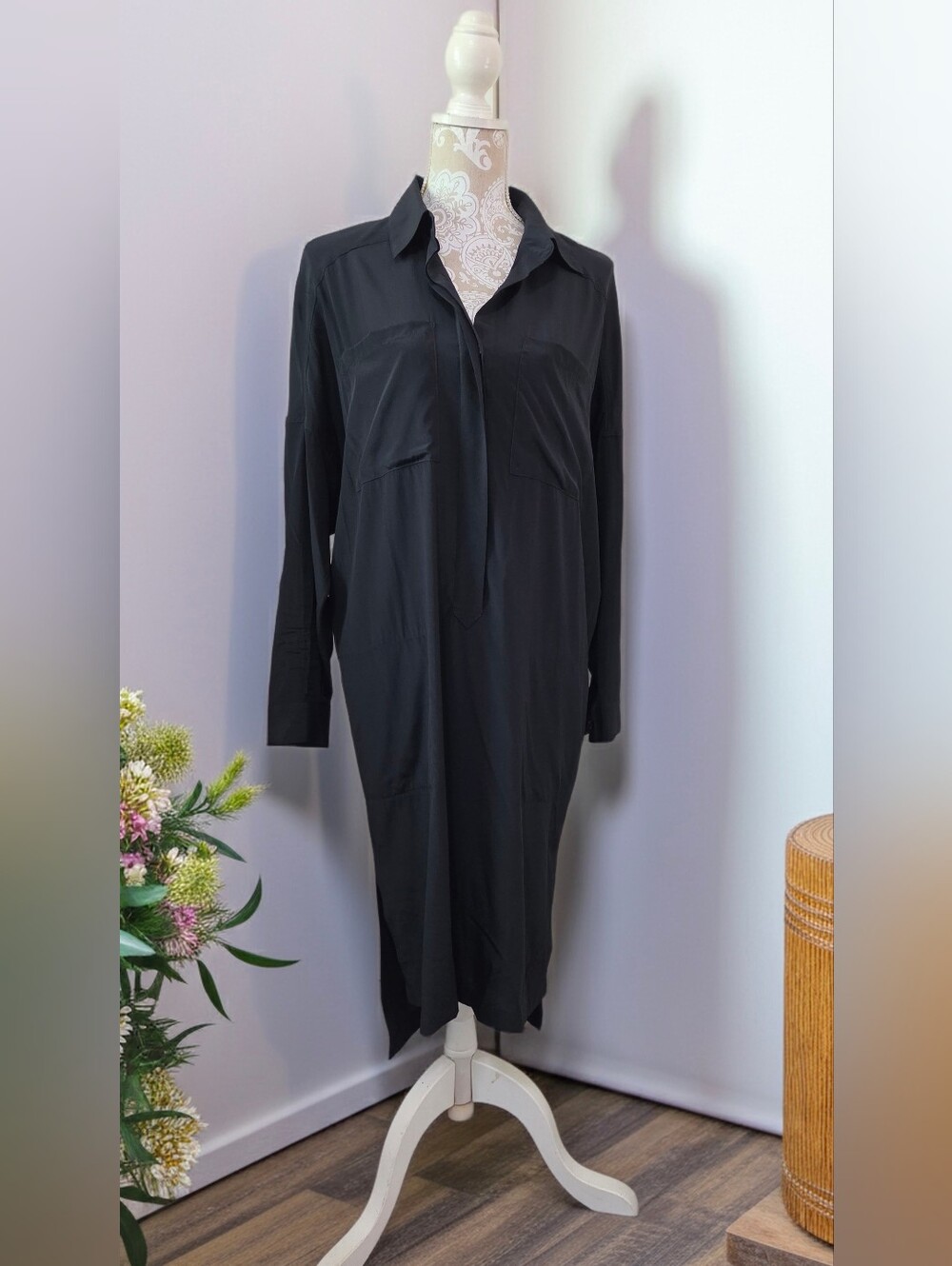 DKNY Vintage Black Silk Button Down Midi Shirt Dress Size S
